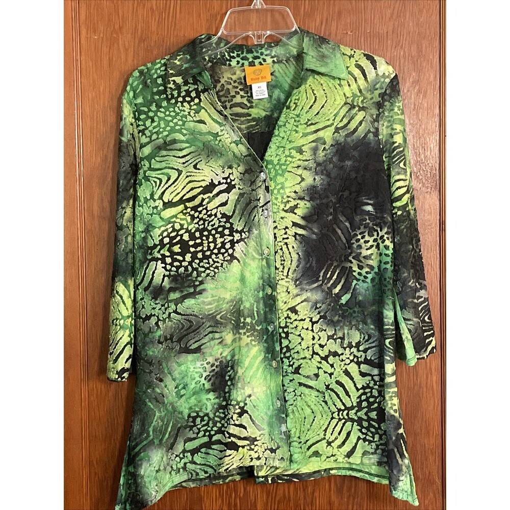 Ruby Rd. Women's Blouse Green Black Animal Print Size XS Button Up